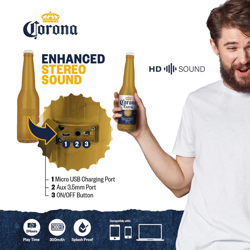 Corona Beer Bottle Bluetooth Speaker â€“ 30FT Range Portable Wireless Stereo Sound System with Bluetooth + AUX Support, 3 Hour Playtime, Travel-Friendly Audio for Outdoor & Indoor Activities - Image 4